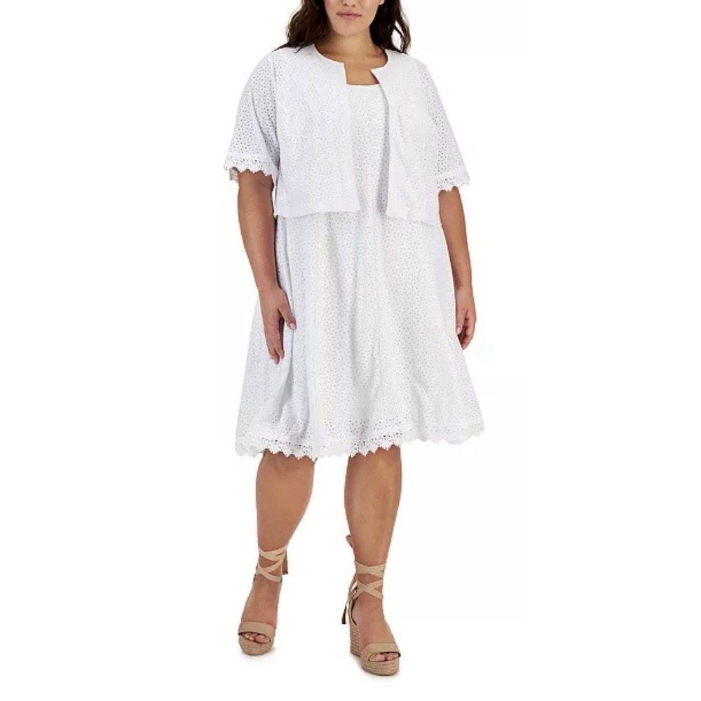 Signature By Robbie Bee Lace Trimmed Eyelit Dress & Jacket Plus Sz 2X NWT‎
